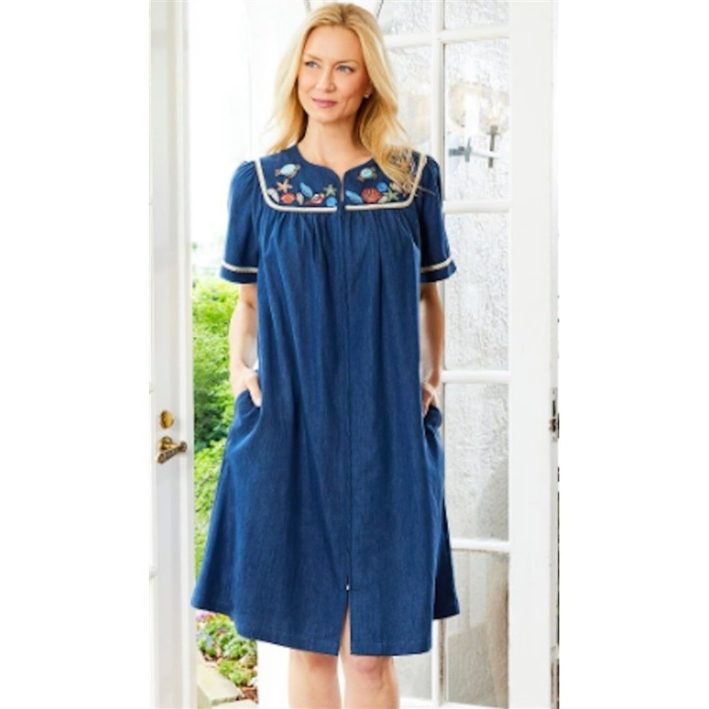 NWT Go Softly S Kaftan Denim Sea Life Beach Embroidered Patio Dress 124594